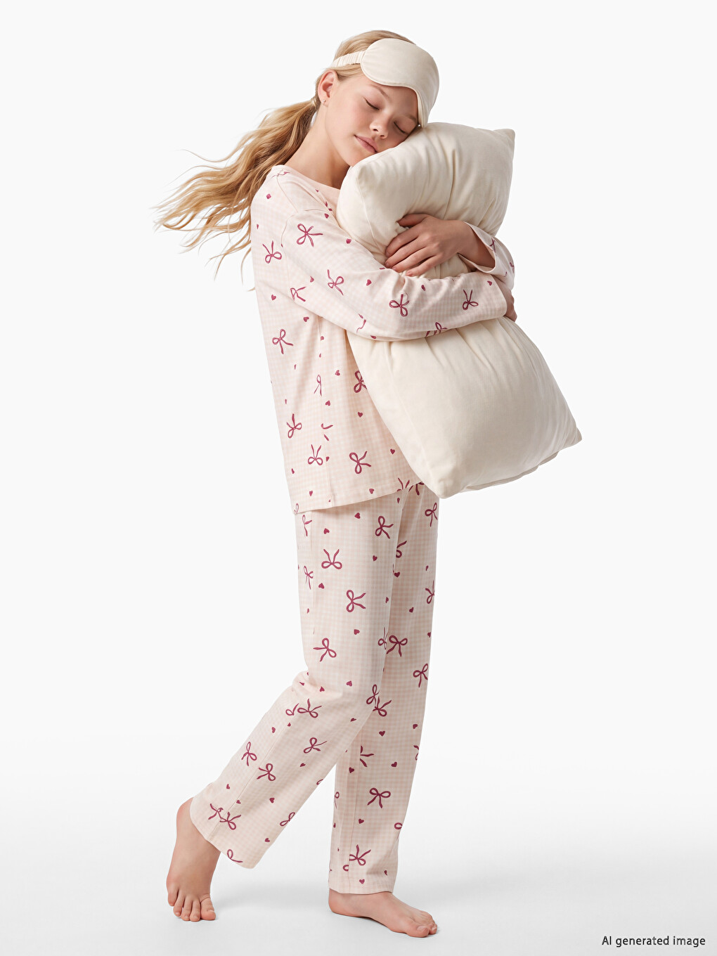 Ekru Bisiklet Yaka Kız Çocuk Pijama Takım