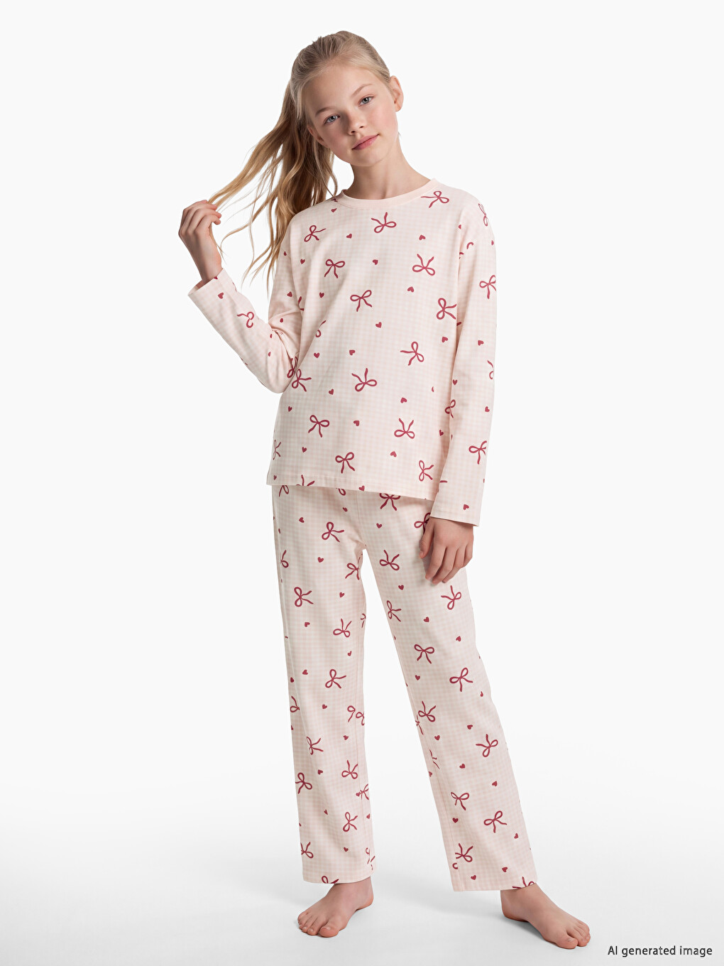 Ekru Bisiklet Yaka Kız Çocuk Pijama Takım-1
