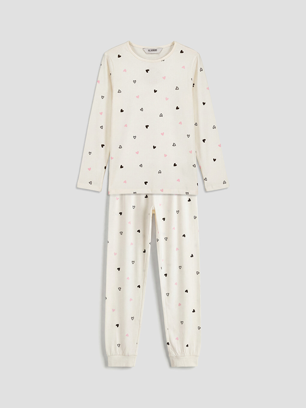Ekru Kalp Desenli Kız Çocuk Pijama Takımı