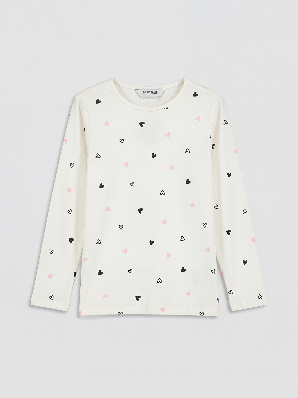 Ekru Kalp Desenli Kız Çocuk Pijama Takımı-1