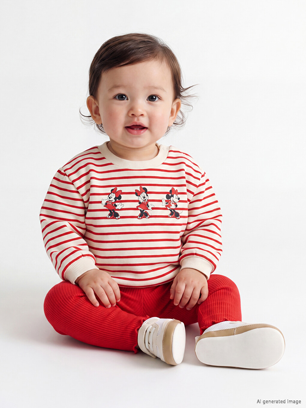 Bej Minnie Mouse Baskılı Kız Bebek Taytlı Takım