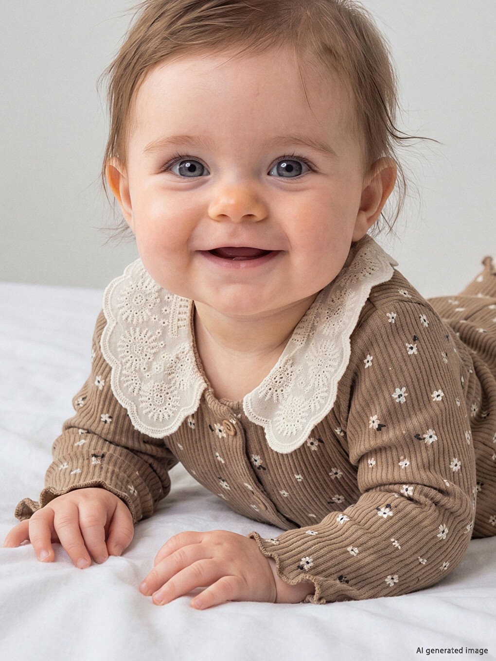 Kahverengi Çiçekli Bebe Yakalı Kız Bebek Takım-1