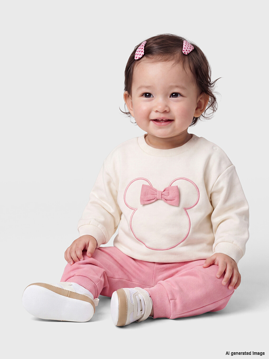 Bej Minnie Mouse Nakışlı Kız Bebek Takım-1