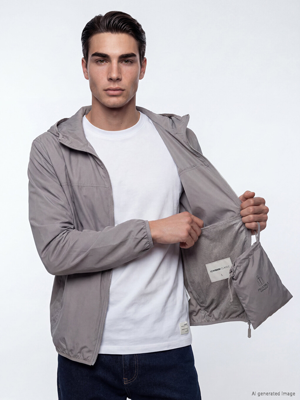 Gri Regular Fit Kapüşonlu Erkek Yağmurluk-2