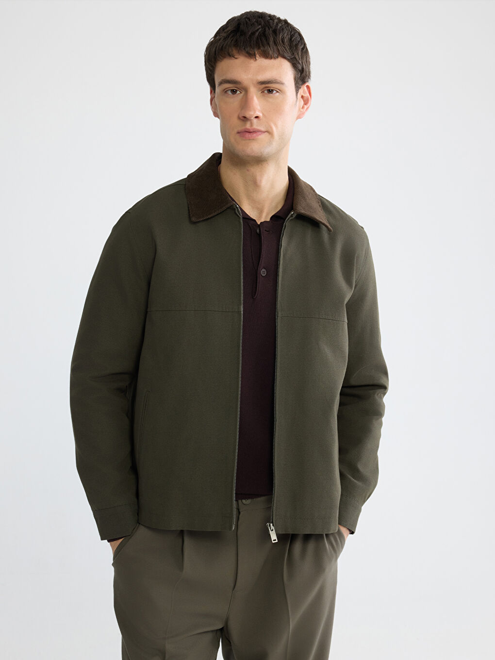 Haki Rahat Kalıp Kadife Yaka Erkek Mont