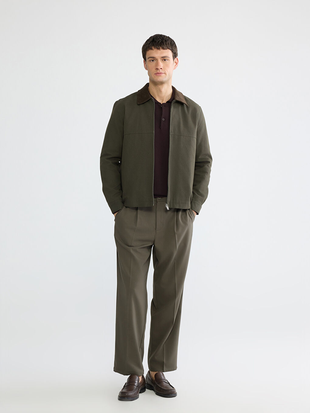 Haki Rahat Kalıp Kadife Yaka Erkek Mont-1