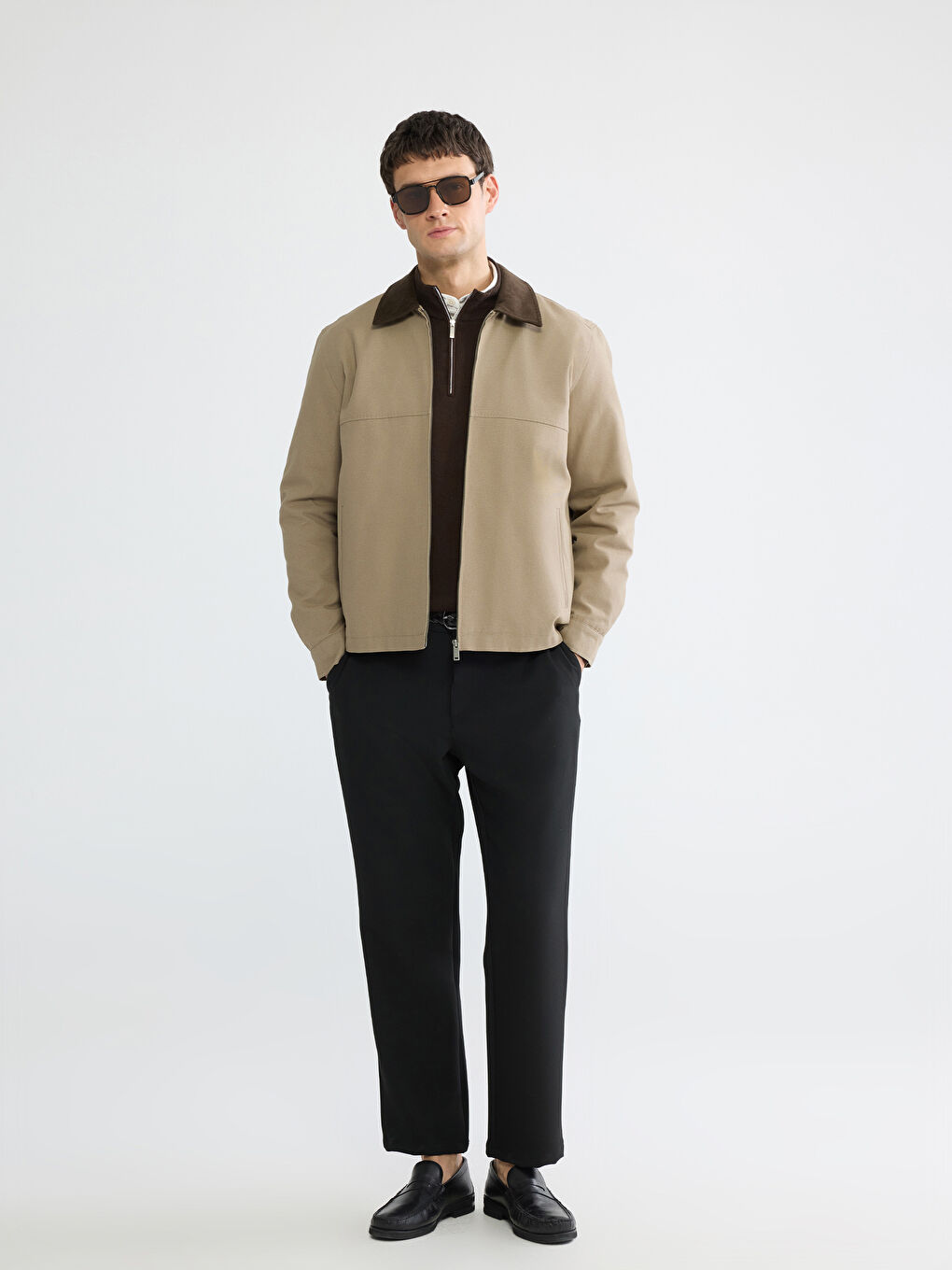 Bej Rahat Kalıp Kadife Yaka Erkek Mont-1