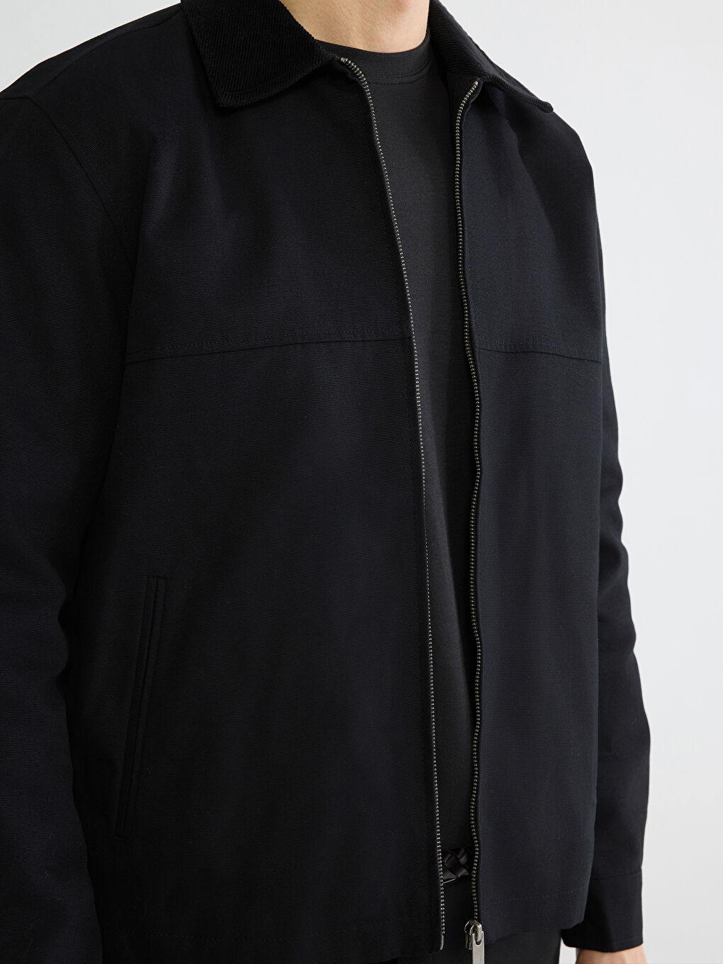 Siyah Rahat Kalıp Kadife Yaka Erkek Mont-3