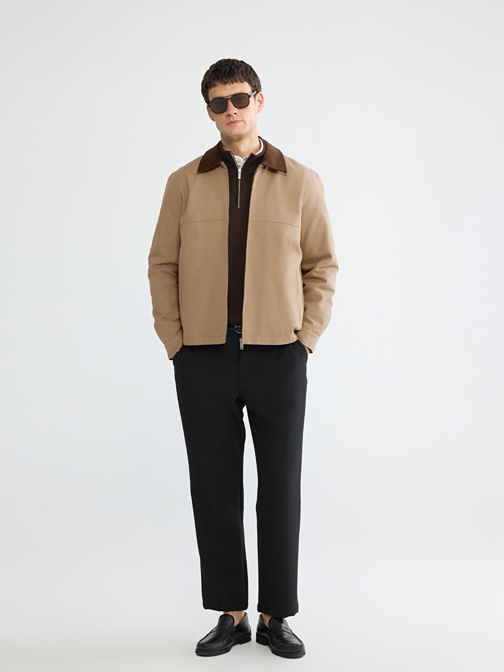 Bej Rahat Kalıp Kadife Yaka Erkek Mont-4