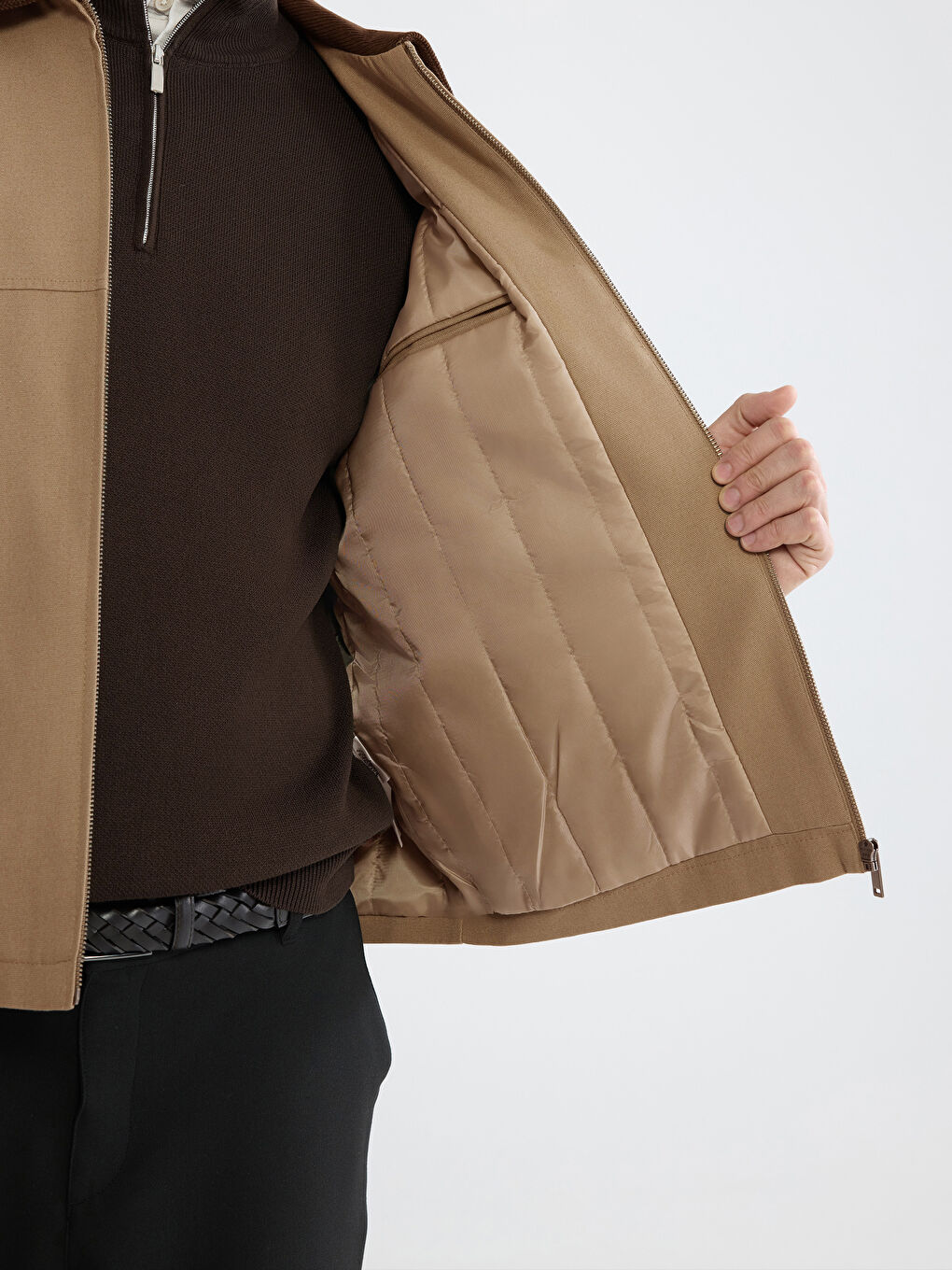 Bej Rahat Kalıp Kadife Yaka Erkek Mont-5