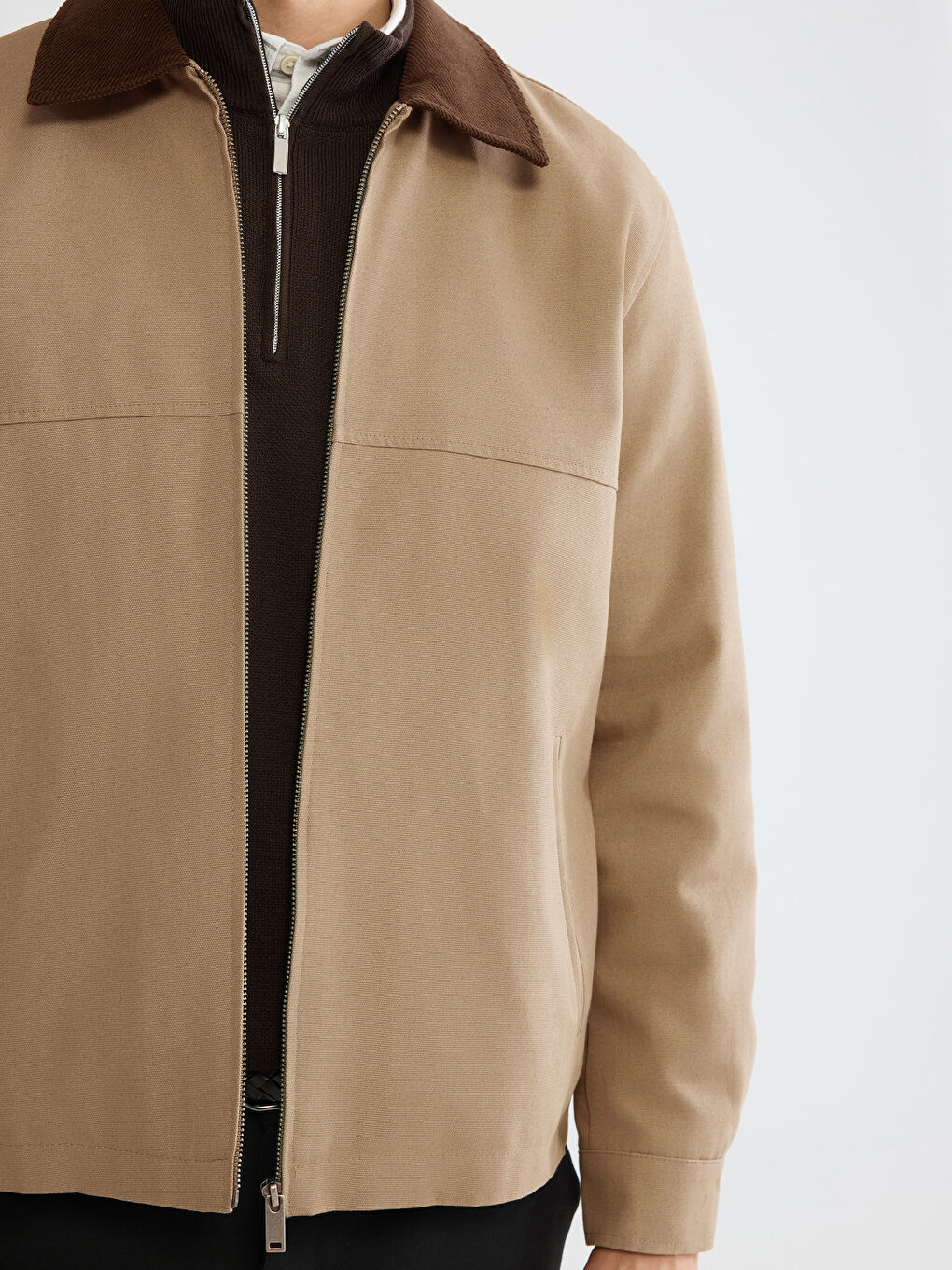 Bej Rahat Kalıp Kadife Yaka Erkek Mont-6
