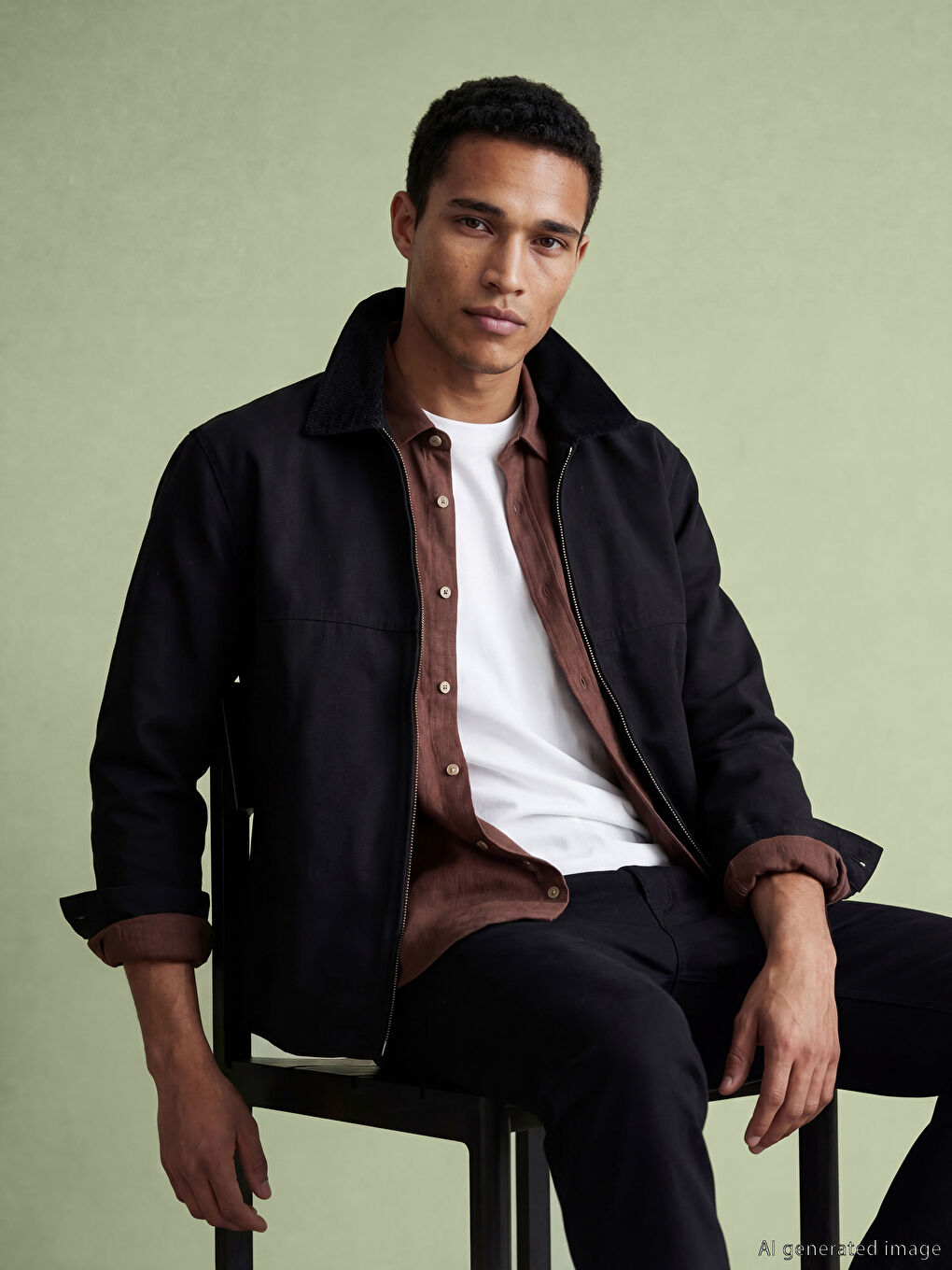 Siyah Rahat Kalıp Kadife Yaka Erkek Mont-1