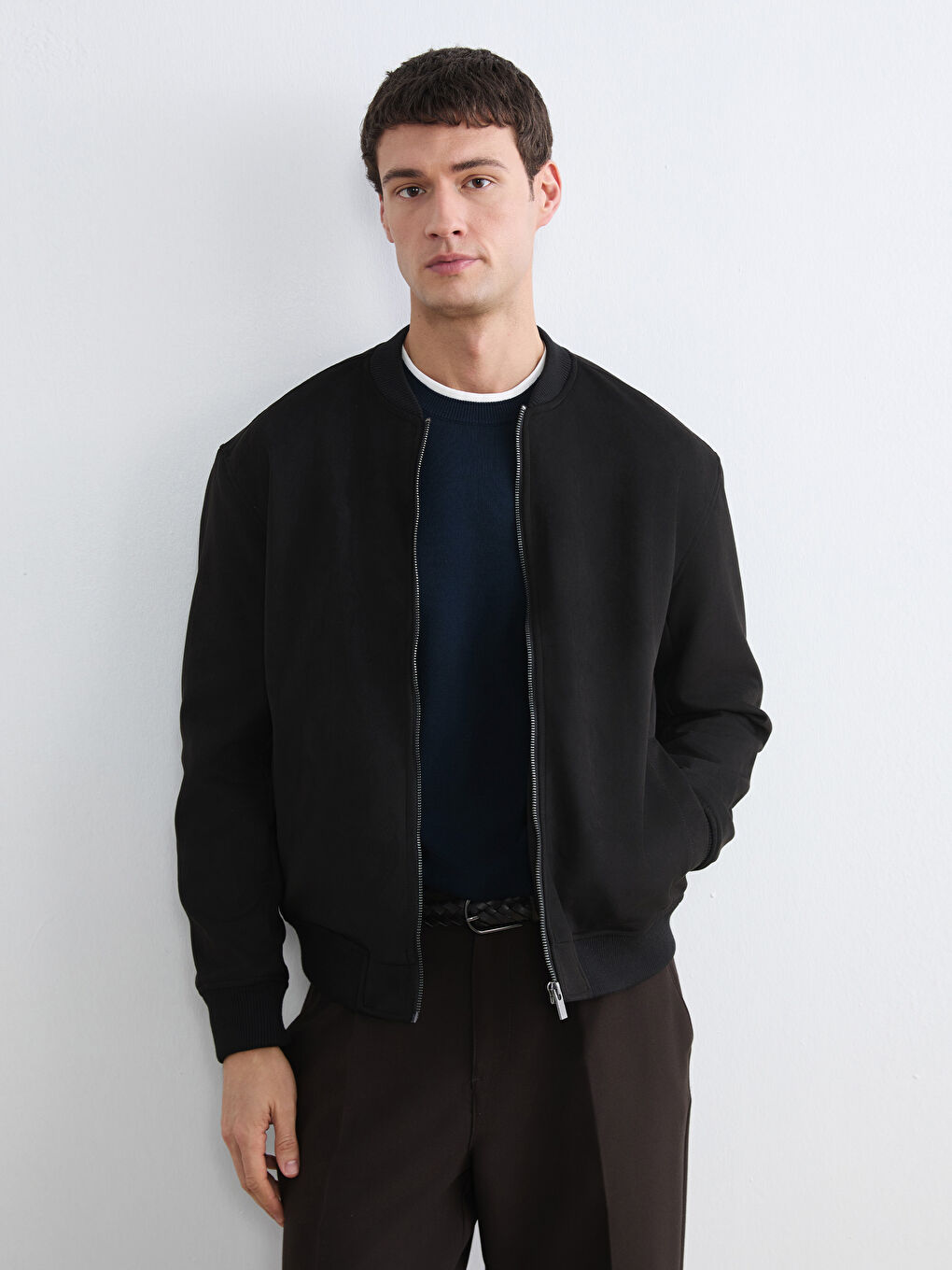 Siyah Standart Kalıp Erkek Süet Görünümlü Bomber Mont