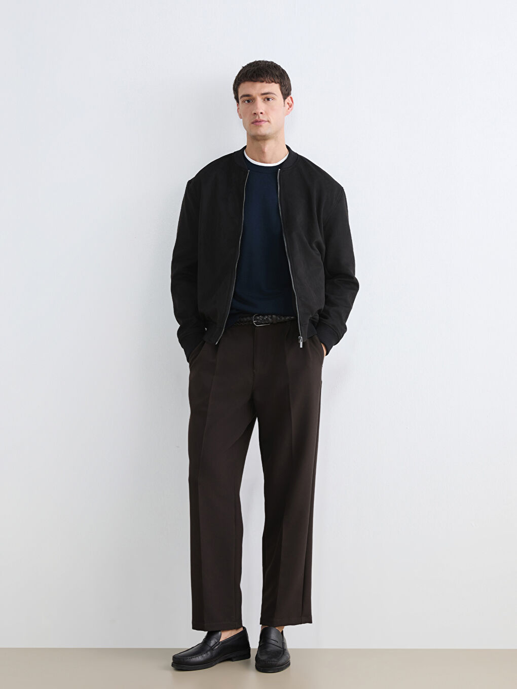 Siyah Standart Kalıp Erkek Süet Görünümlü Bomber Mont-1