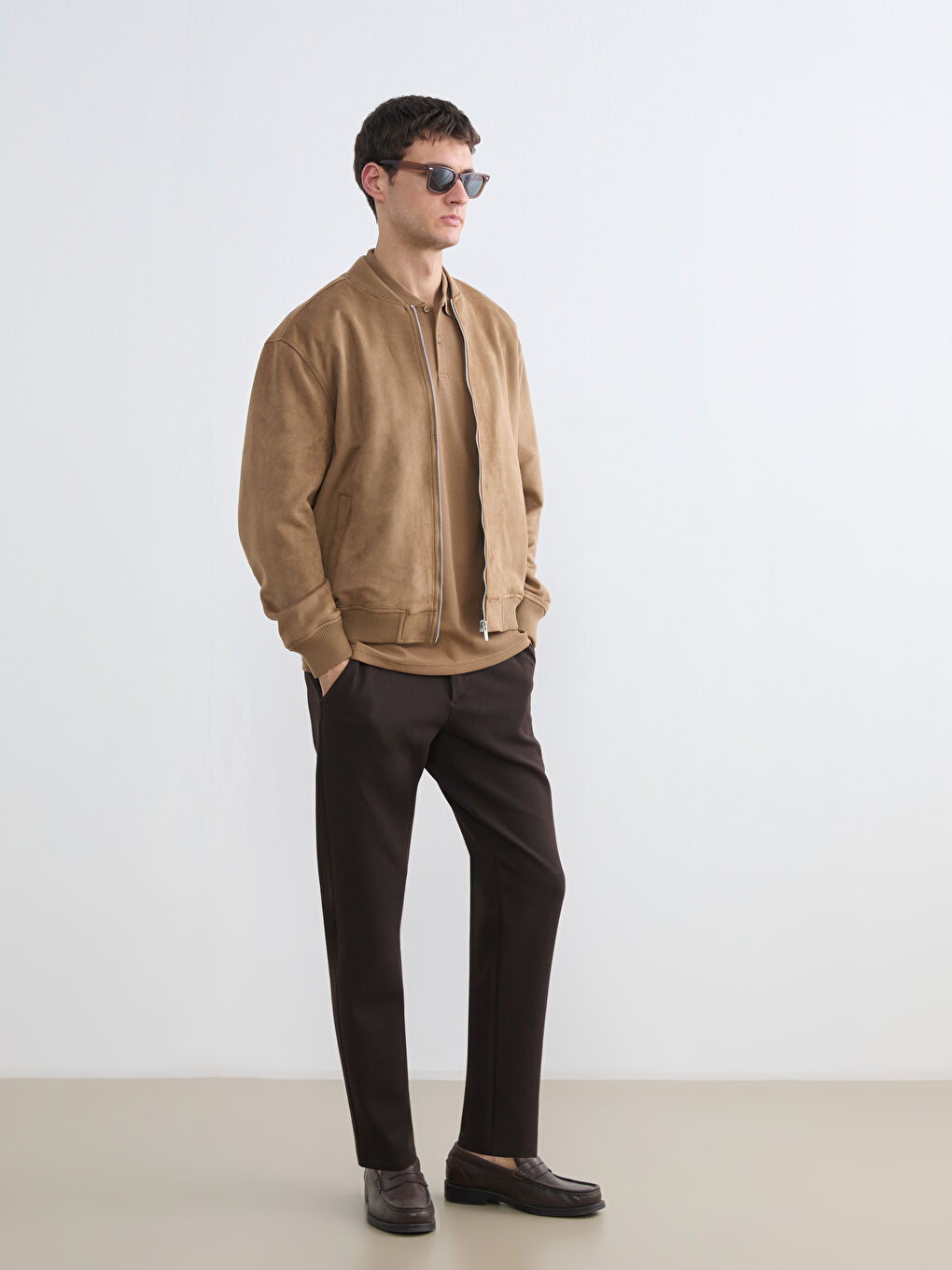 Kahverengi Standart Kalıp Erkek Süet Görünümlü Bomber Mont-1