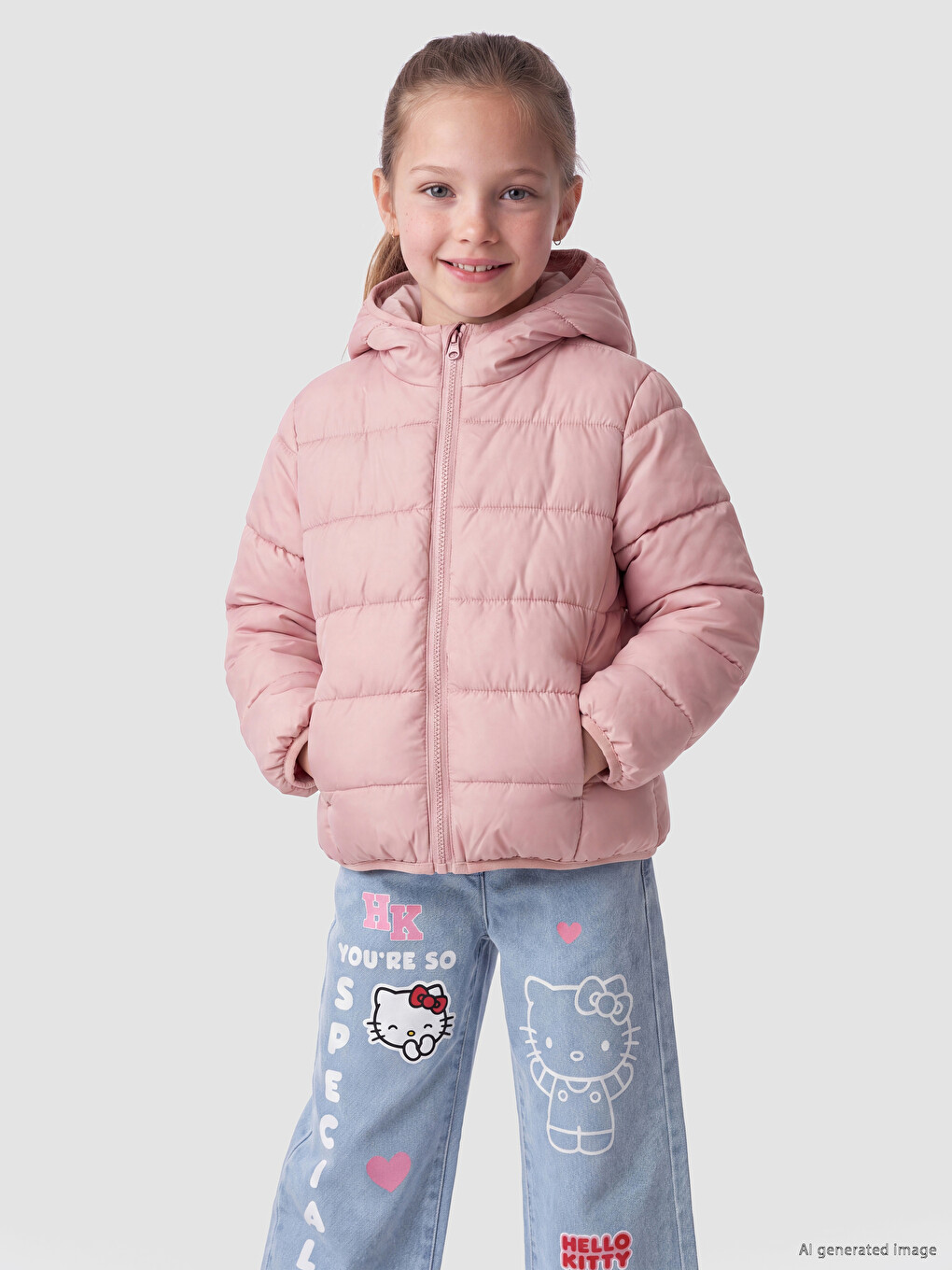 Pembe Kapüşonlu Kız Çocuk Şişme Mont