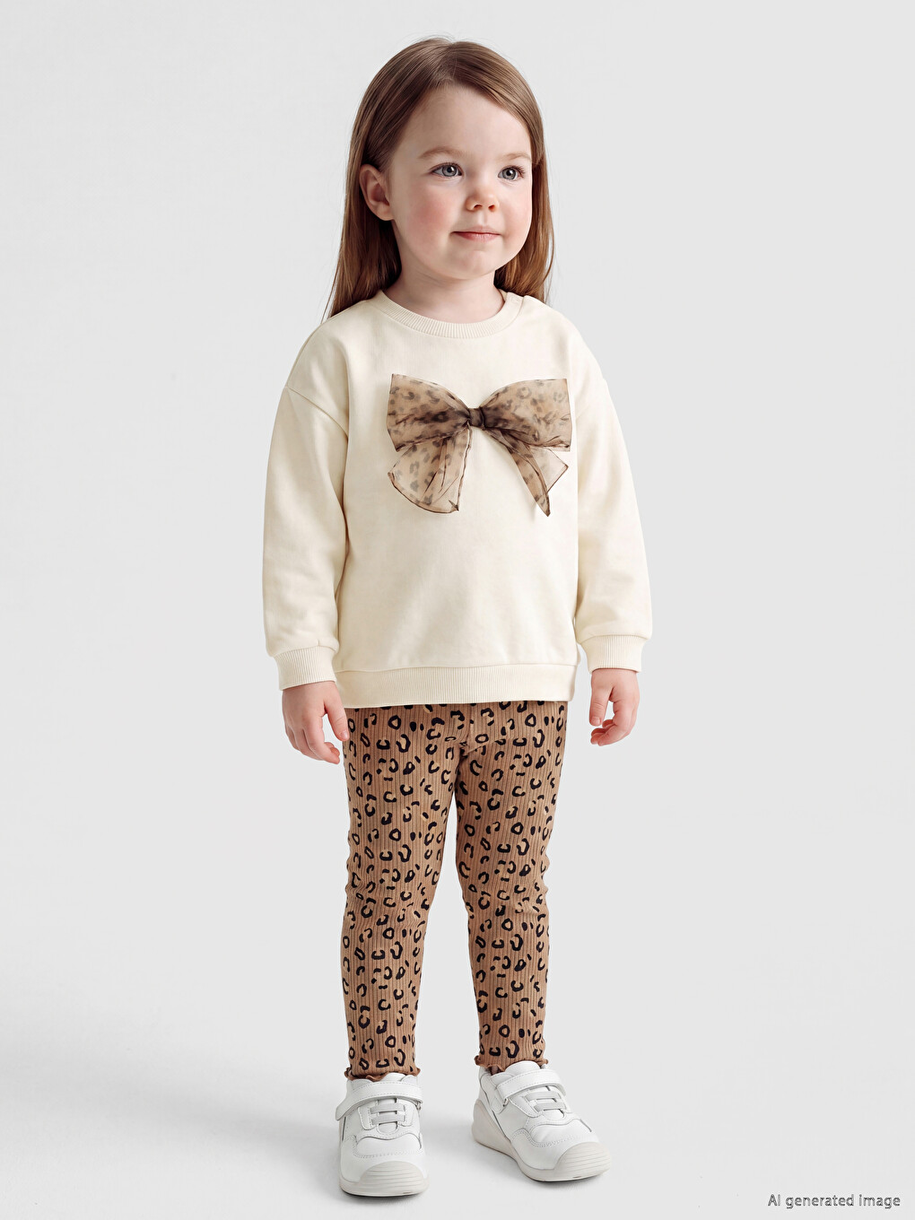 Ekru Fiyonk Detaylı Leopar Desenli Kız Bebek Takım-1