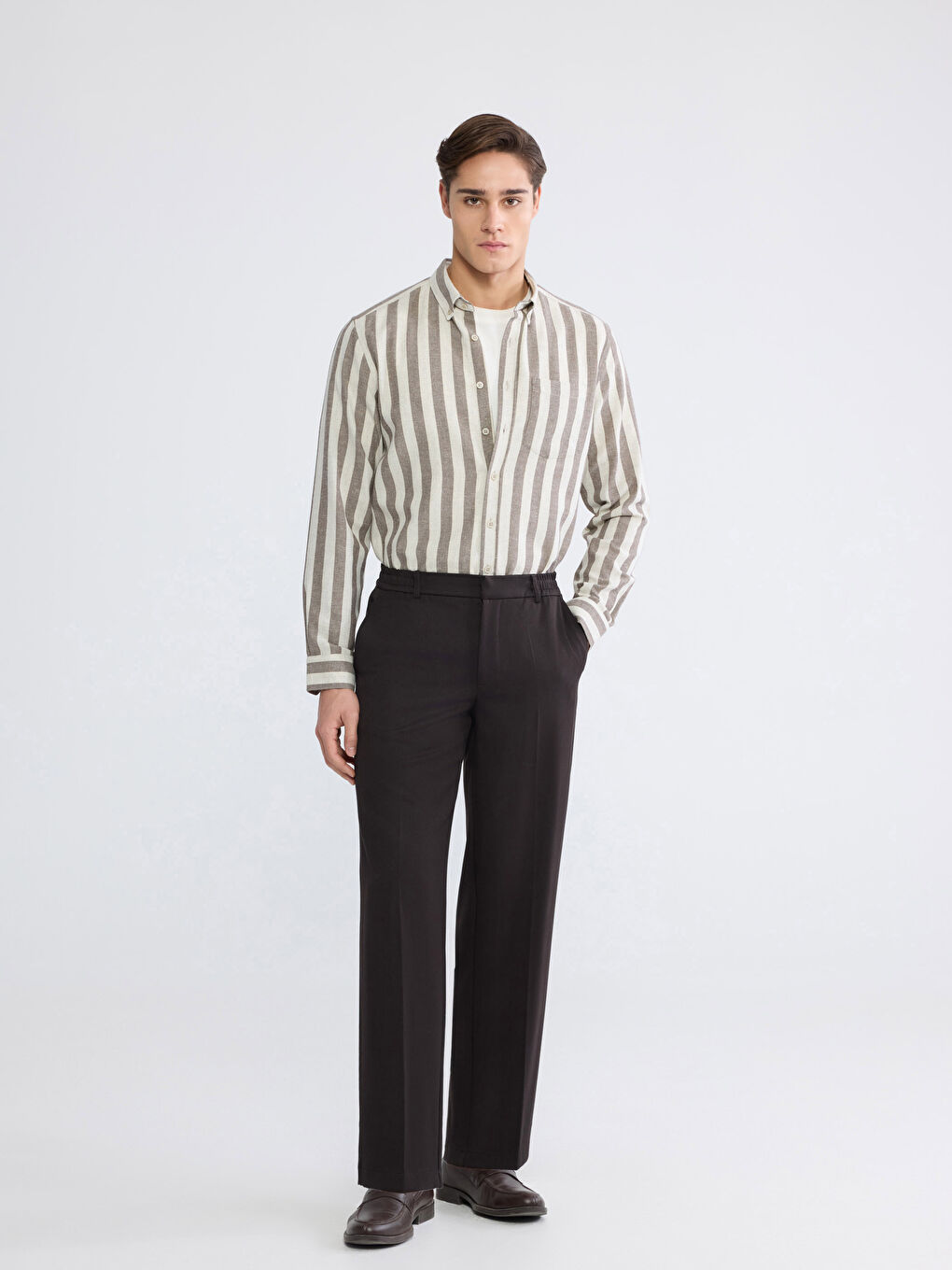 Kahverengi Regular Fit Çizgili Erkek Gömlek-1