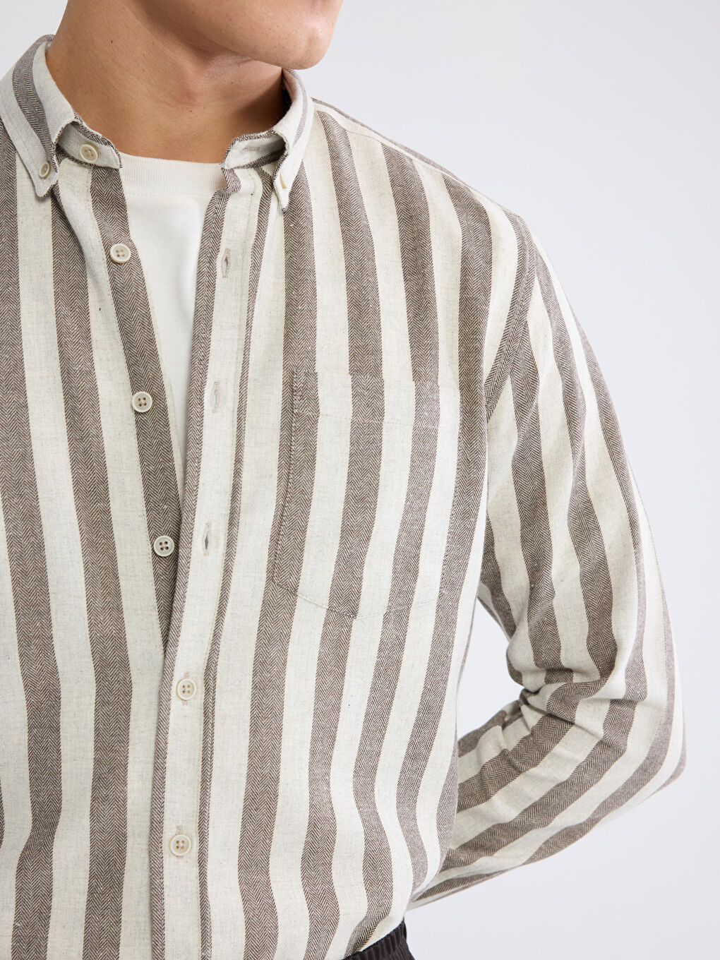 Kahverengi Regular Fit Çizgili Erkek Gömlek-2