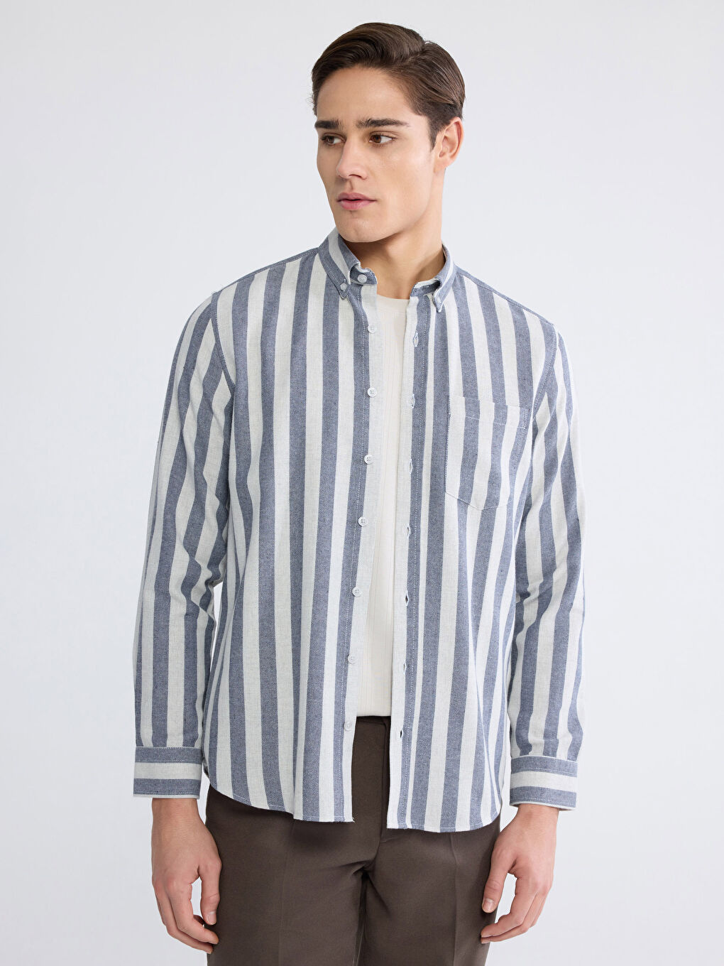 Lacivert Regular Fit Çizgili Erkek Gömlek