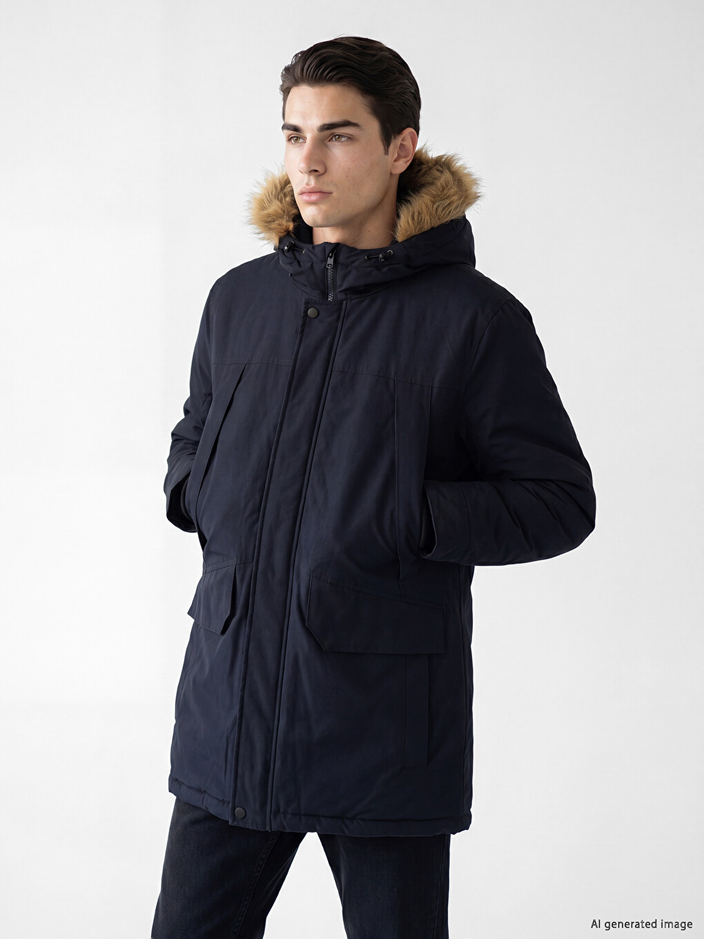 Regular Fit Kürklü Kapüşonlu Erkek Mont