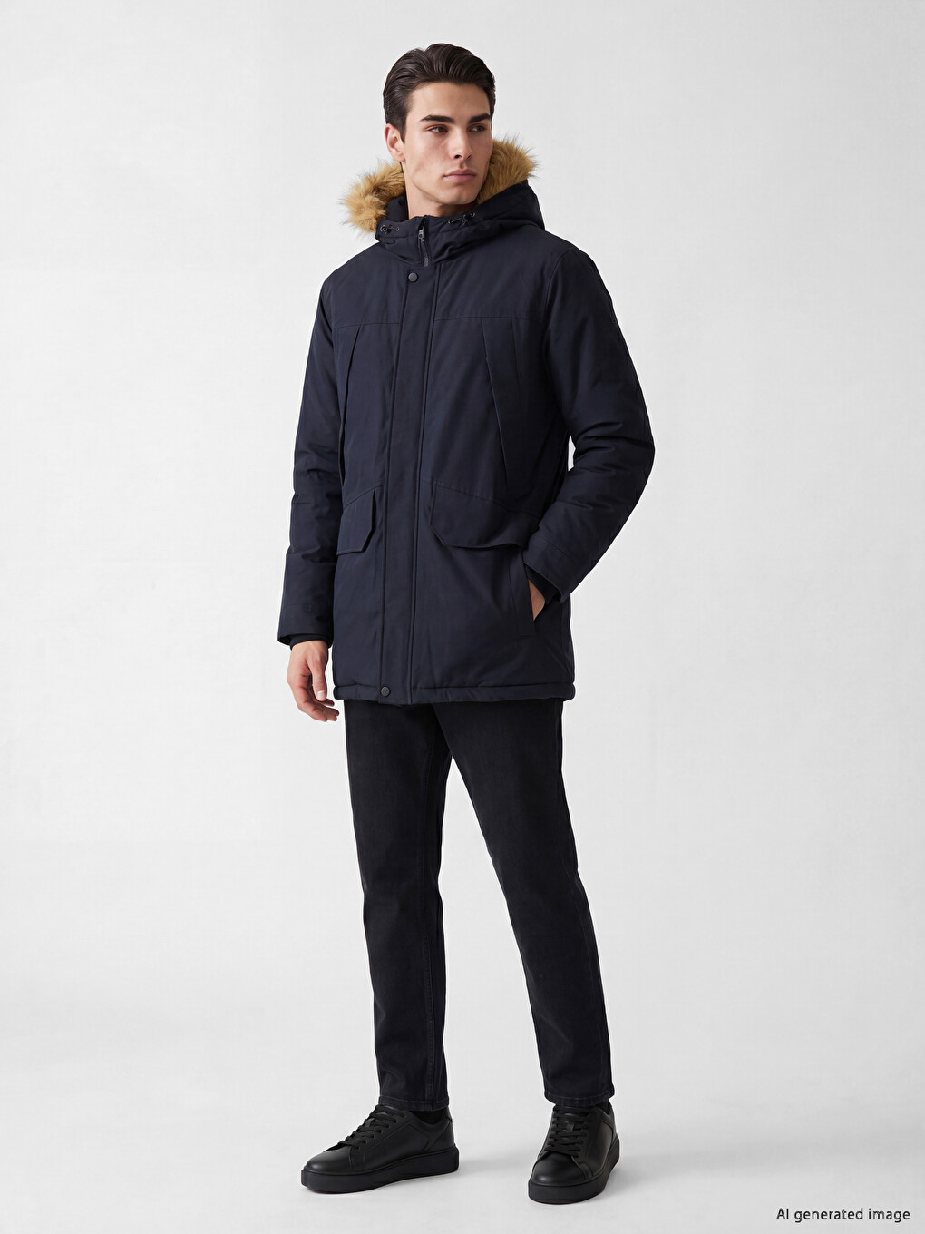 Regular Fit Kürklü Kapüşonlu Erkek Mont-1