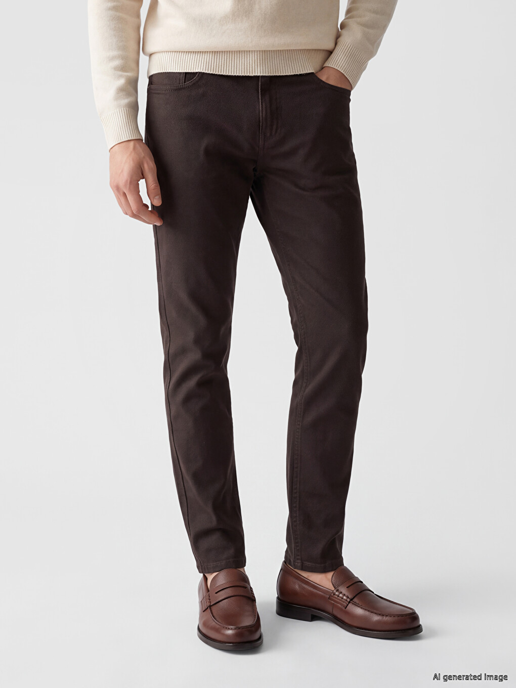 Kahverengi Slim Fit Gabardin Erkek Chino Pantolon-1