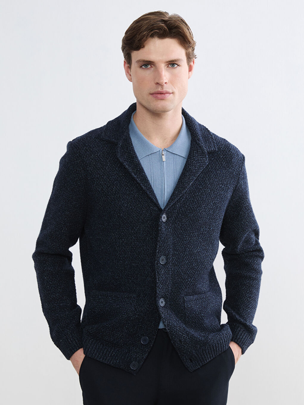 Lacivert Standart Kalıp Ceket Yaka Erkek Triko Hırka