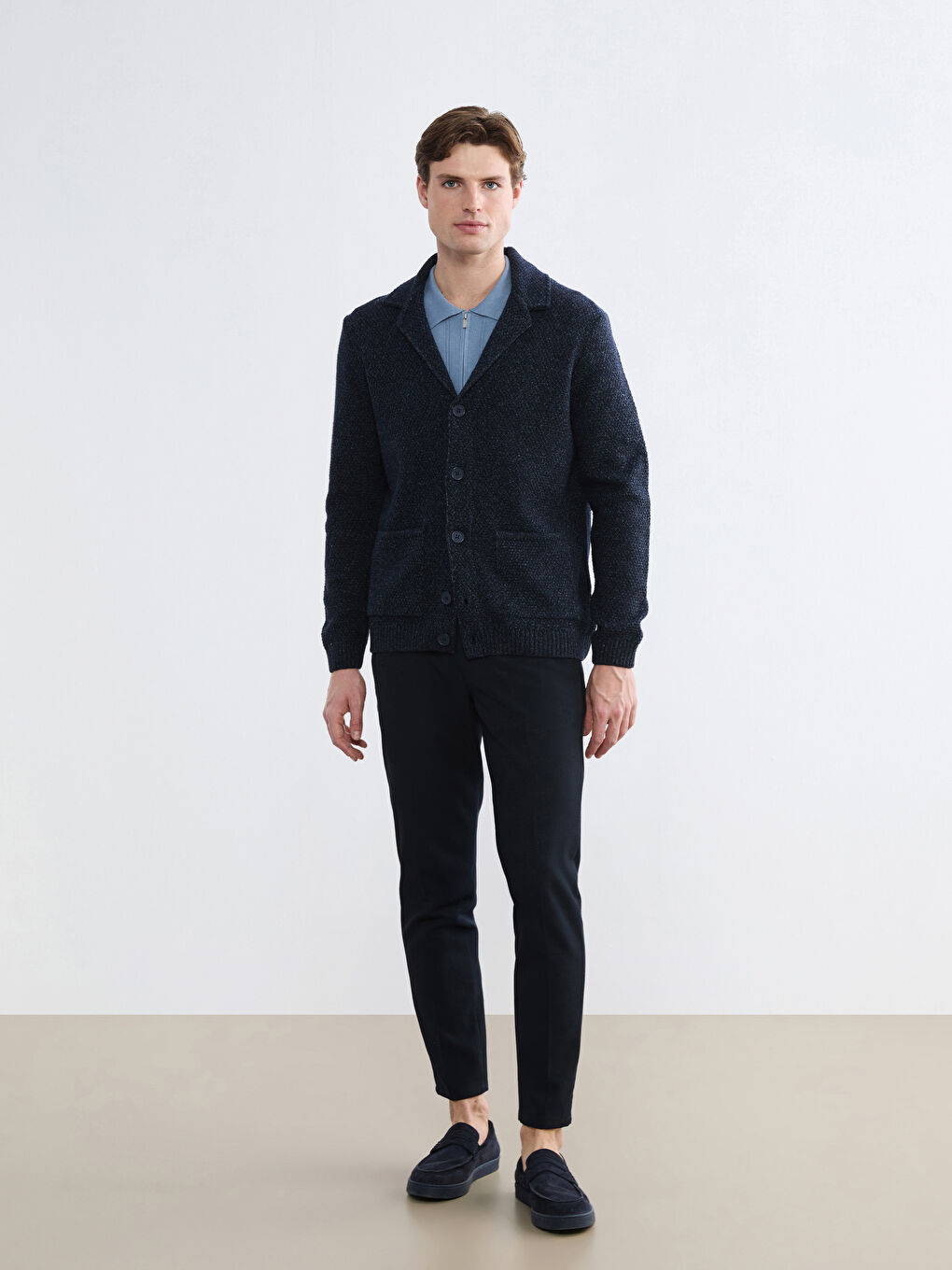 Lacivert Standart Kalıp Ceket Yaka Erkek Triko Hırka-1