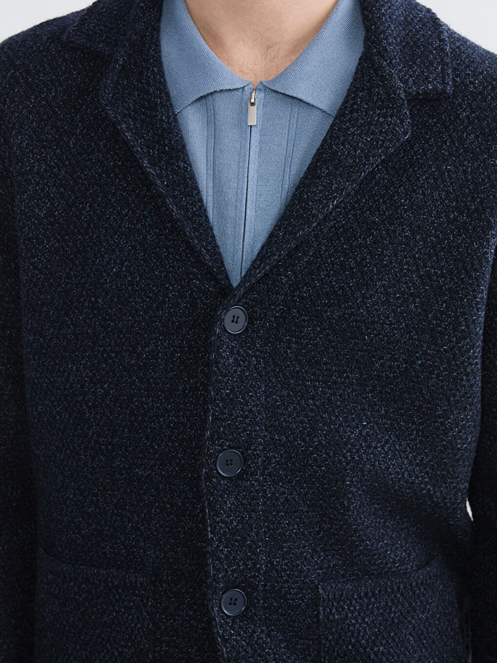 Lacivert Standart Kalıp Ceket Yaka Erkek Triko Hırka-2