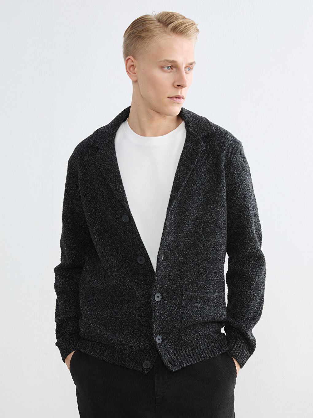 Antrasit Standart Kalıp Yün Karışımlı Erkek Triko Hırka