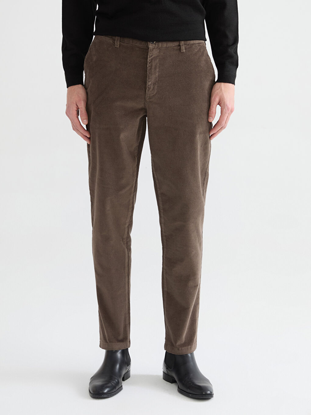 Kahverengi Standart Kalıp Kadife Erkek Pantolon-1