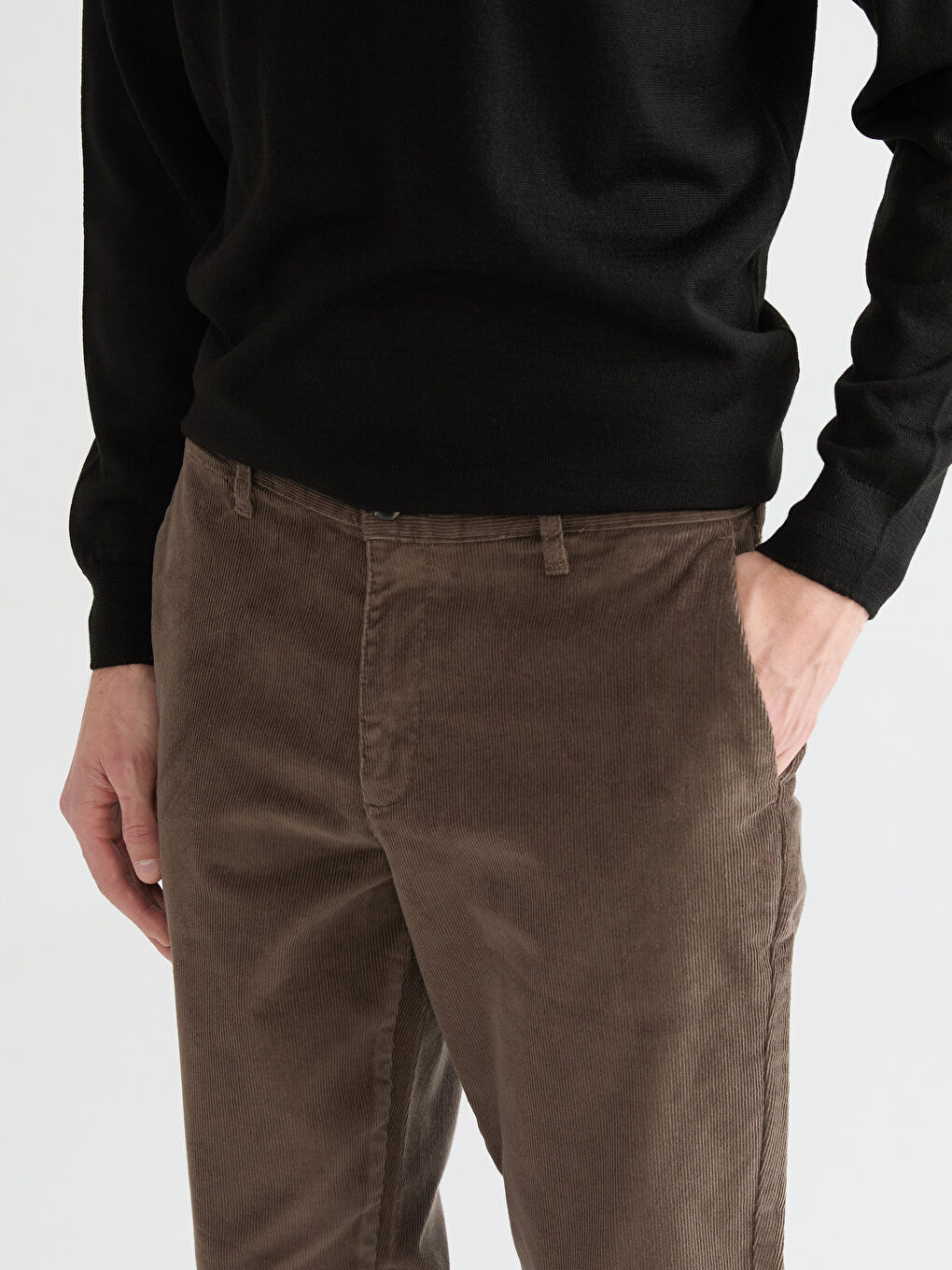 Kahverengi Standart Kalıp Kadife Erkek Pantolon-2