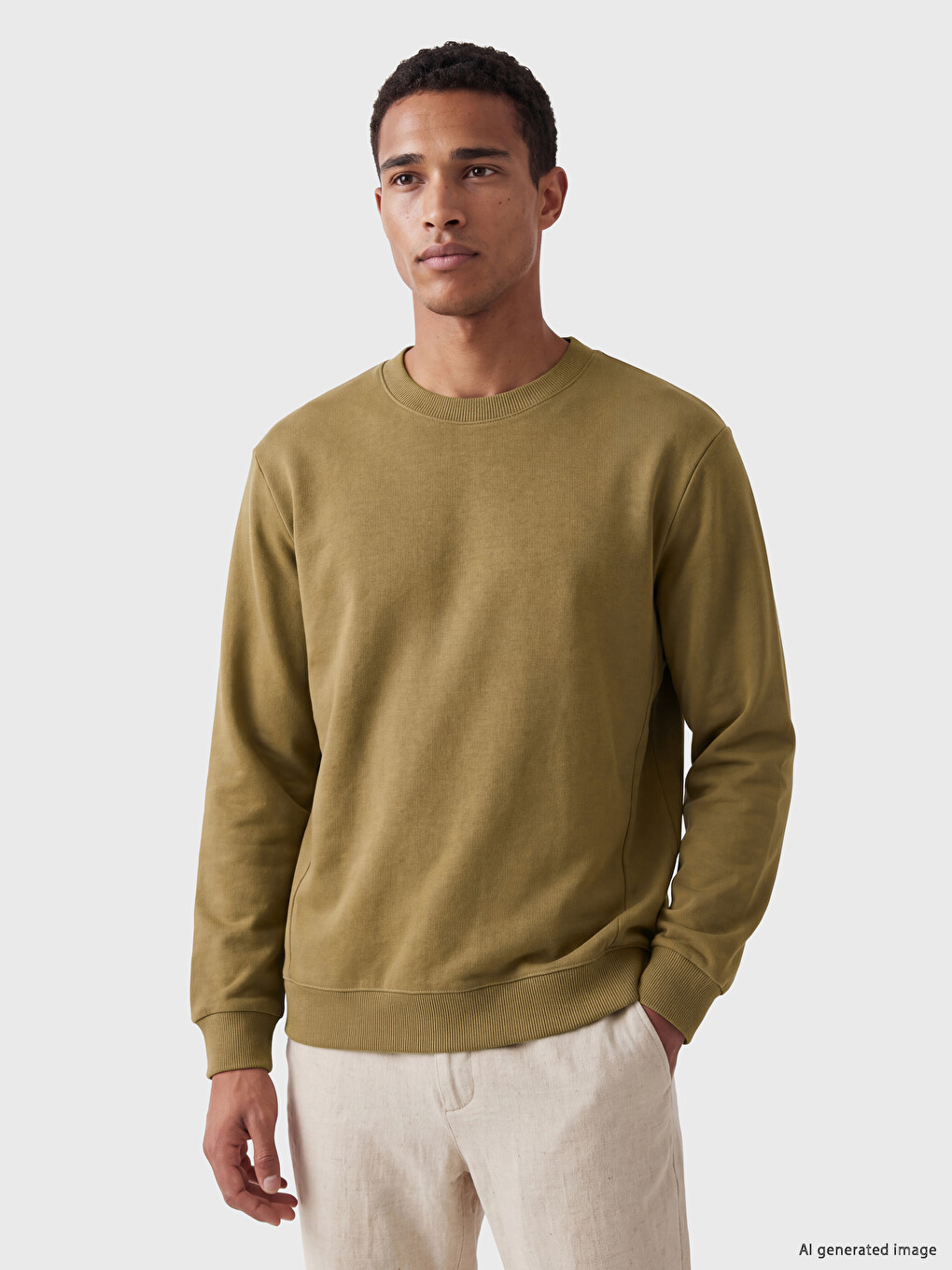 Sarı Bisiklet Yaka Erkek Kalın Sweatshirt