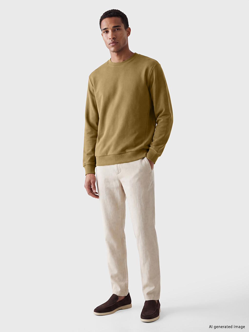 Sarı Bisiklet Yaka Erkek Kalın Sweatshirt-1