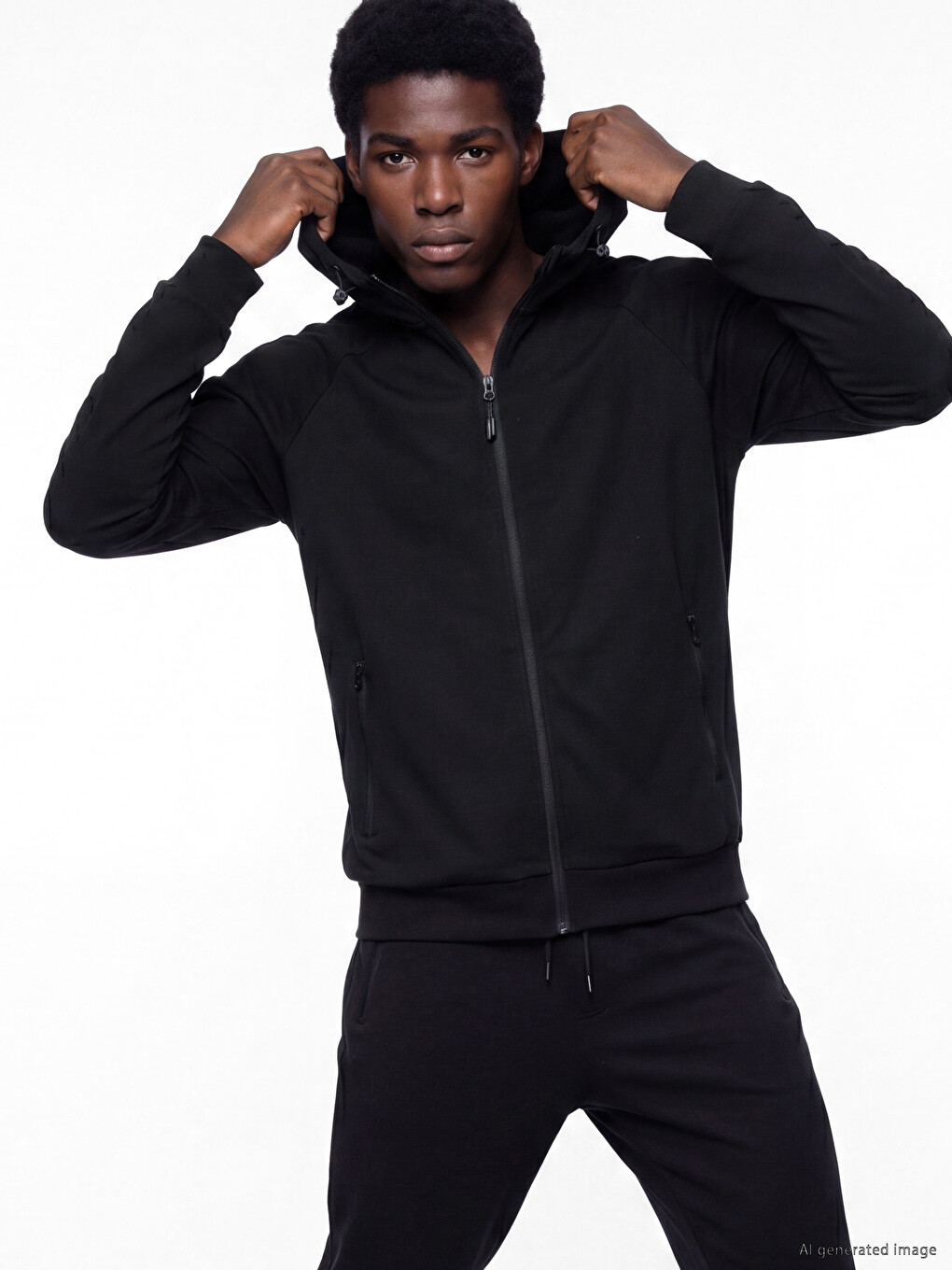 Siyah Kapüşonlu Erkek Fermuarlı Sweatshirt