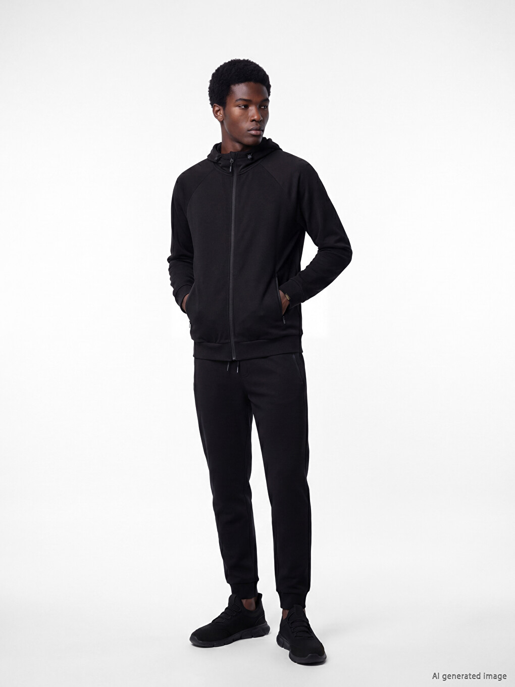 Siyah Kapüşonlu Erkek Fermuarlı Sweatshirt-1