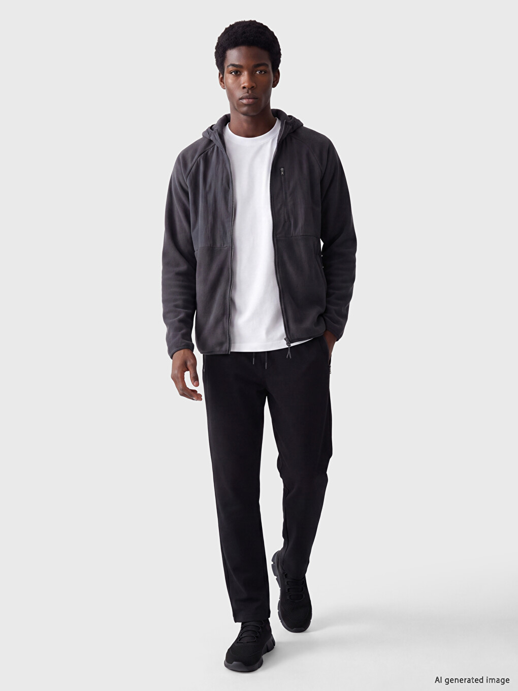 Gri Kapüşonlu Erkek Polar Fermuarlı Sweatshirt-1