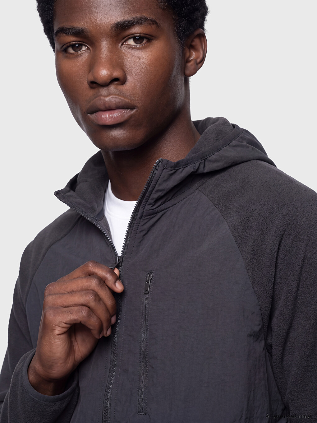Gri Kapüşonlu Erkek Polar Fermuarlı Sweatshirt-2