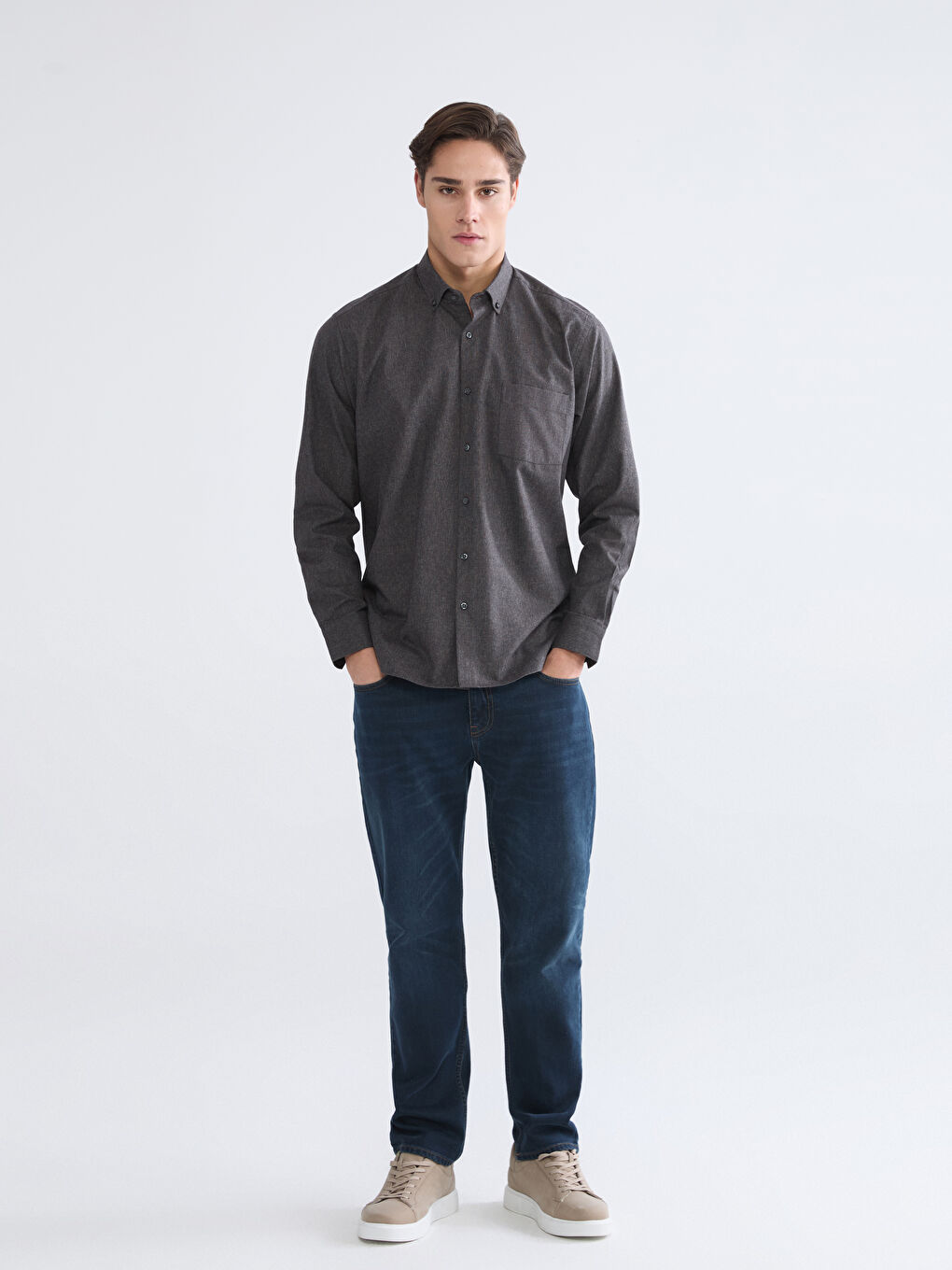 Kahverengi Regular Fit Gabardin Erkek Gömlek-1