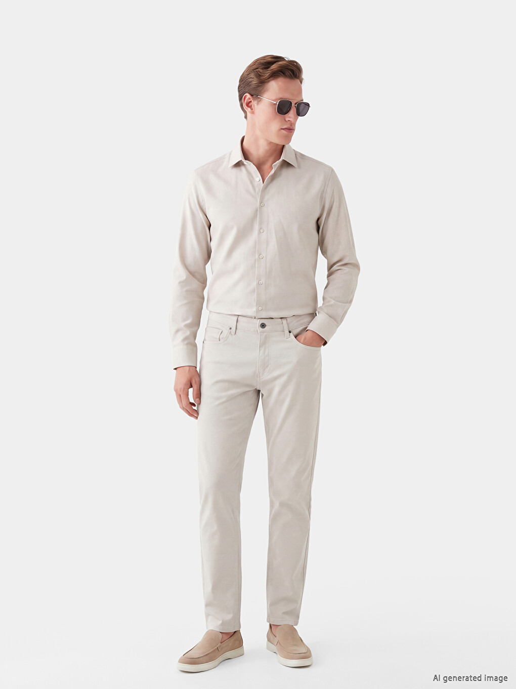 Bej Slim Fit Armürlü Erkek Gömlek-1