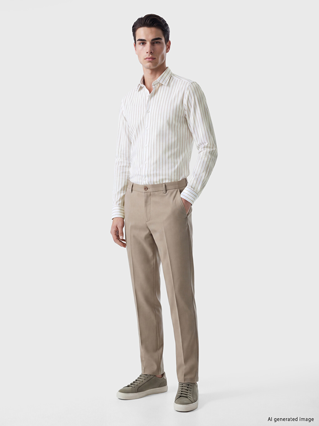 Bej Slim Fit Çizgili Erkek Gömlek-1