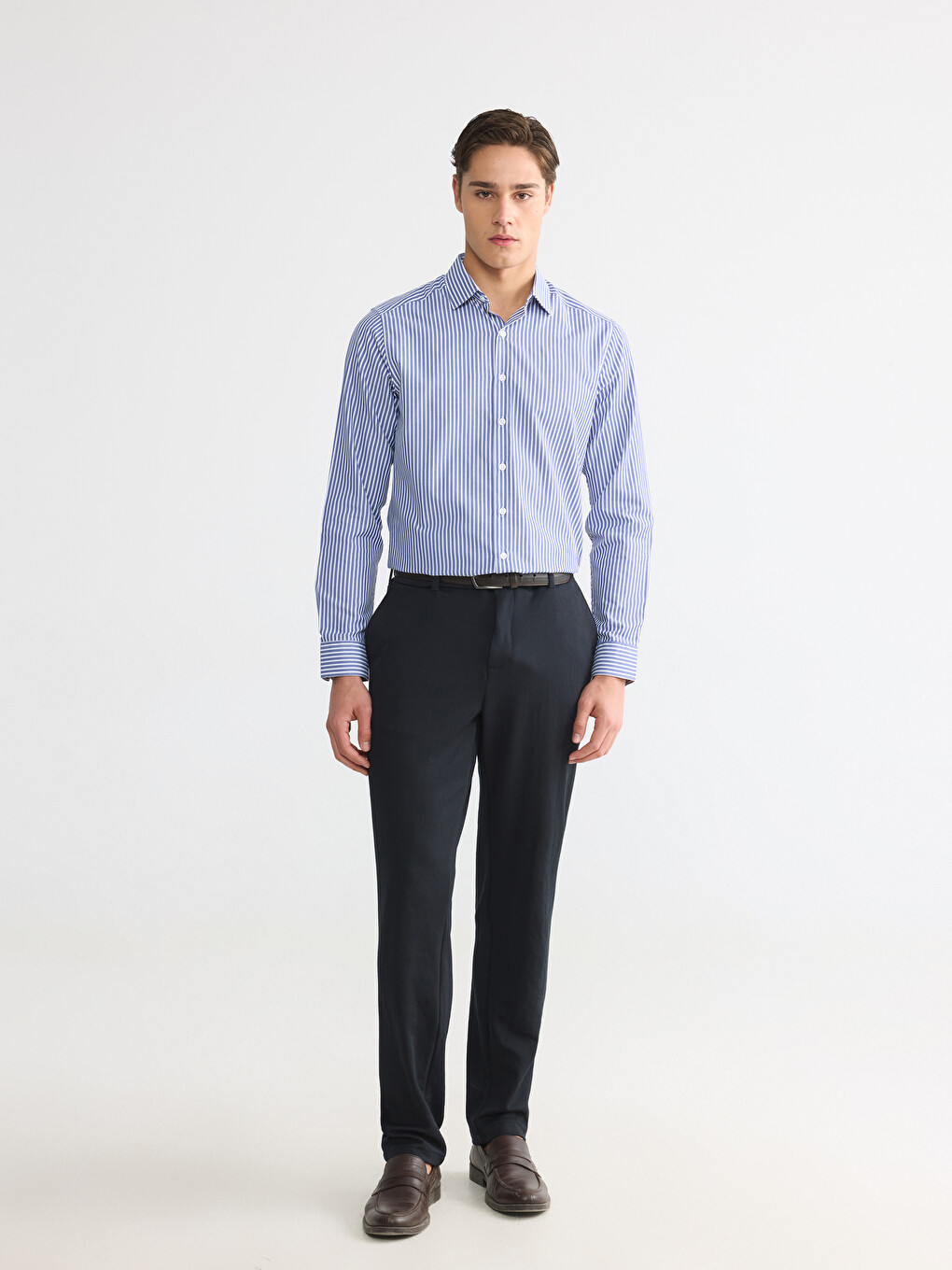 Këmishë Gabardinë Me Shirita Slim Fit Për Burra-1