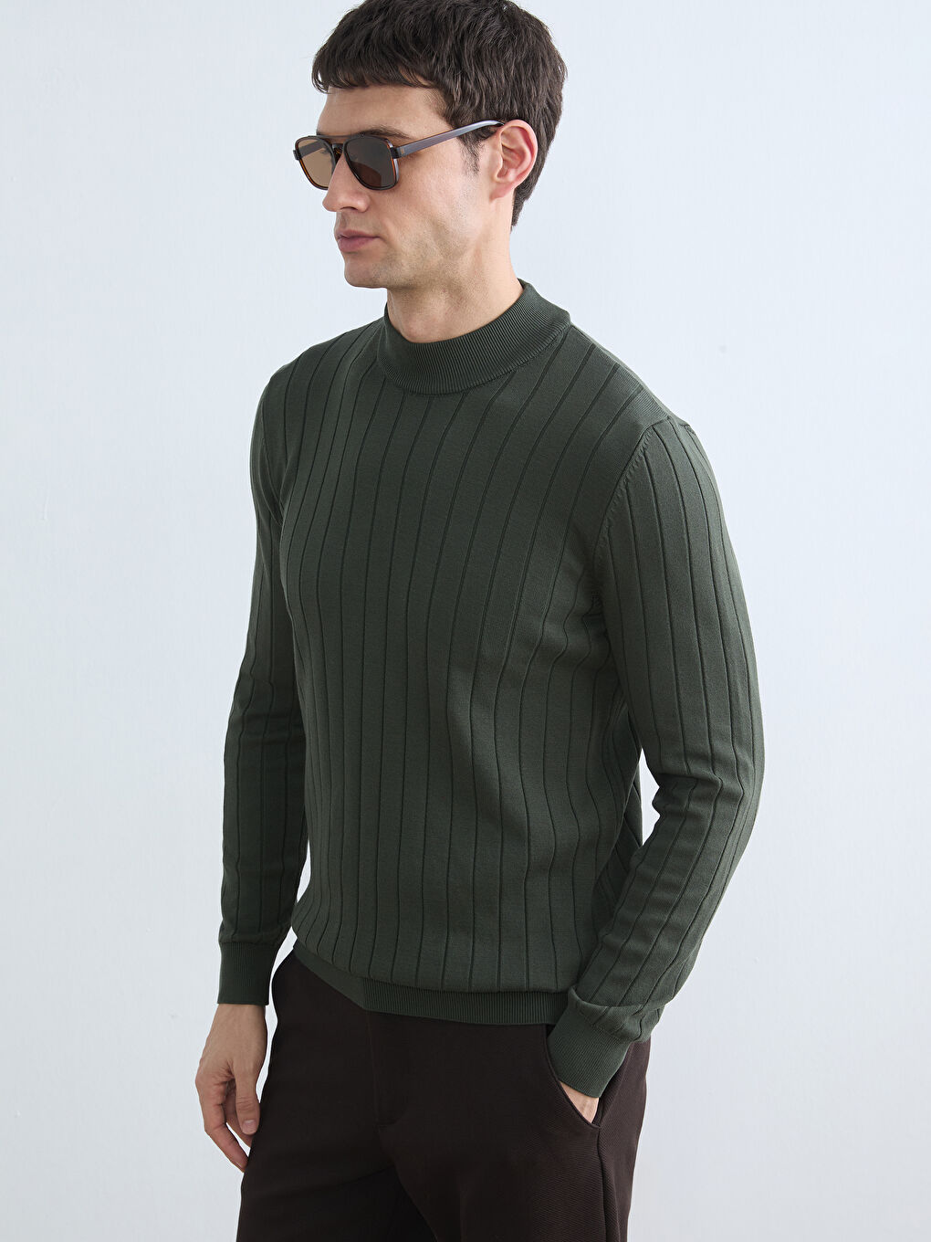 Haki Yarım Balıkçı Yaka Çizgili Erkek Triko Kazak