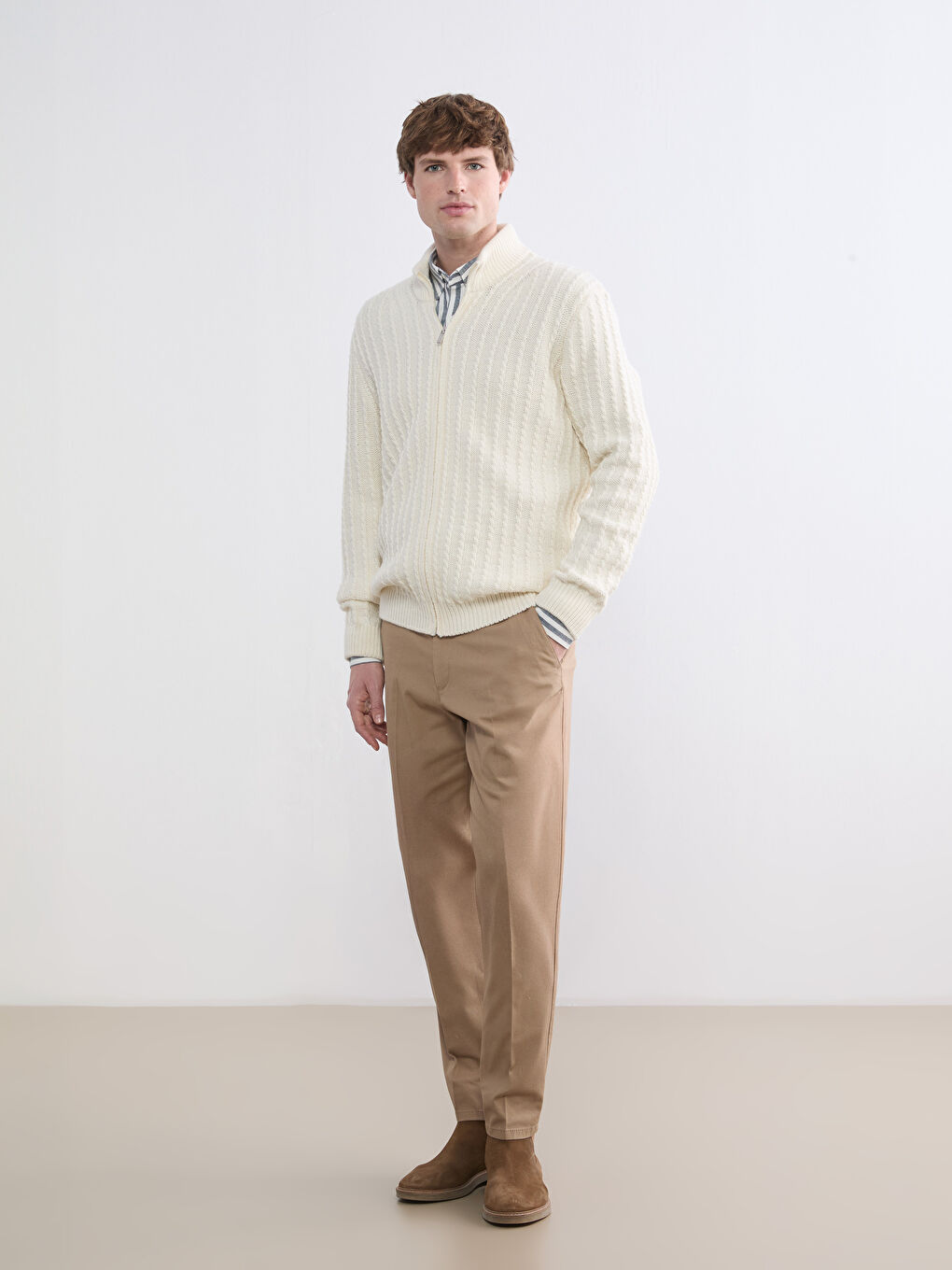 Ekru Standart Kalıp Dik Yaka Erkek Triko Hırka-1