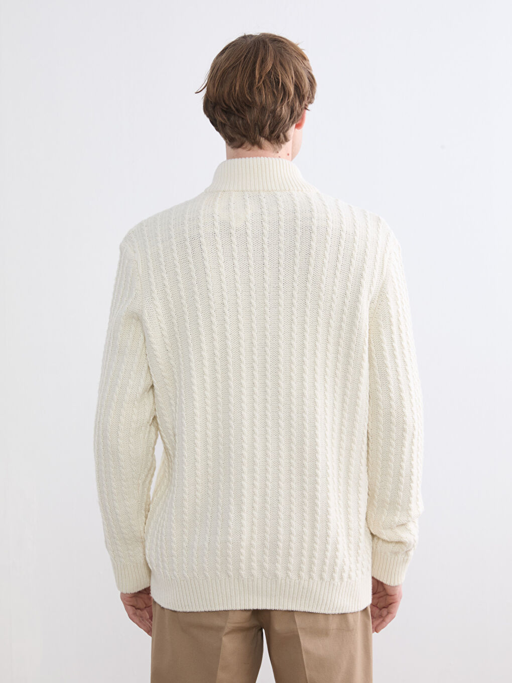 Ekru Standart Kalıp Dik Yaka Erkek Triko Hırka-3