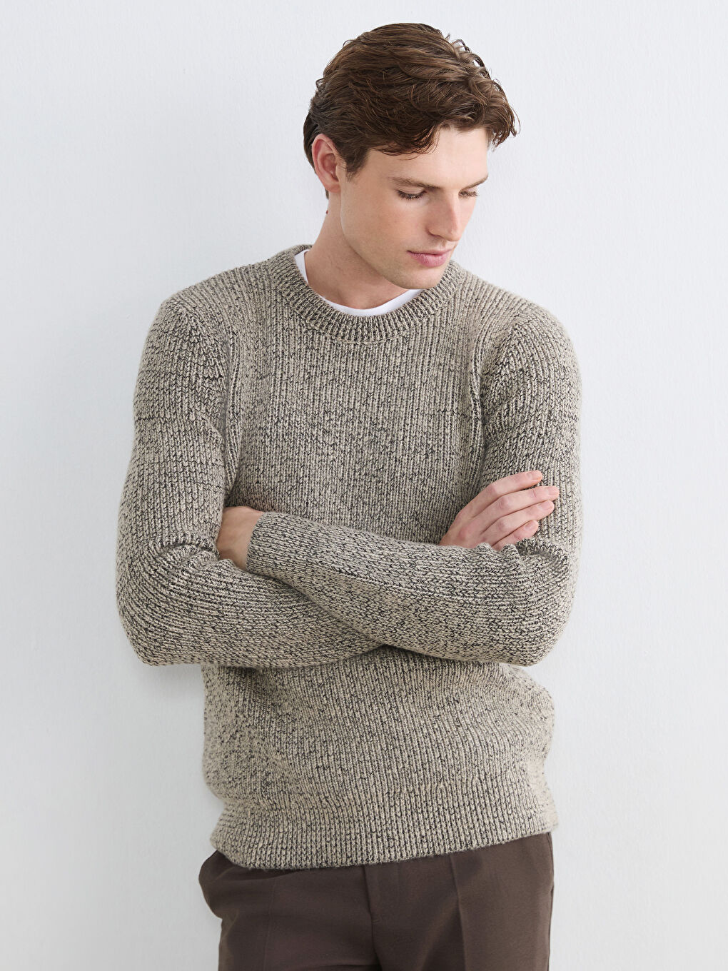 Bej Bisiklet Yaka Regular Fit Erkek Triko Kazak