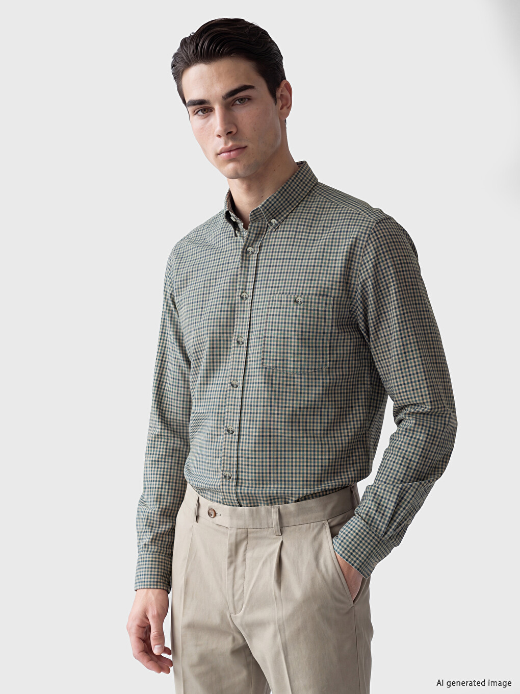 Yeşil Regular Fit Ekose Gabardin Erkek Gömlek