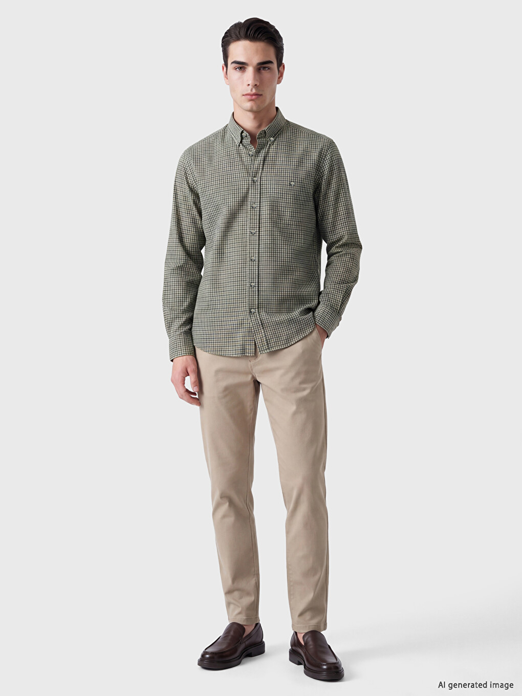Yeşil Regular Fit Ekose Gabardin Erkek Gömlek-1