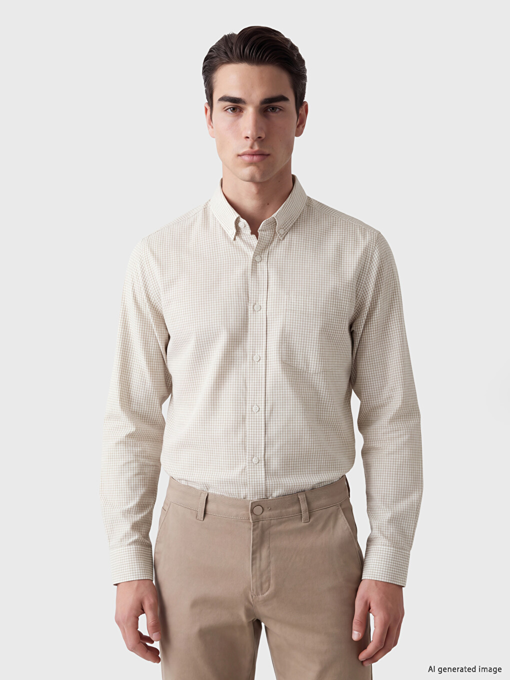 Bej Regular Fit Ekose Poplin Erkek Gömlek